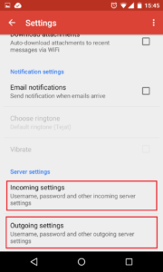 Scroll down to "Incoming settings" and "Outgoing settings". First, choose "Incoming settings".