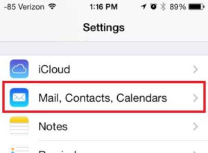 Scroll down and select the „Mail, Contacts, Calendars” option.